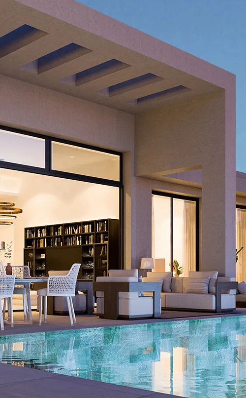 Open-plan living room with floor-to-ceiling windows