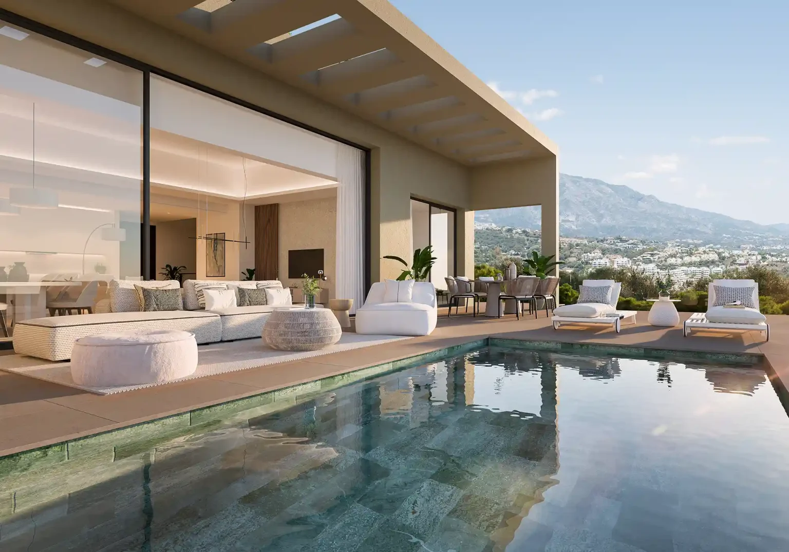 Lavanda C render showing pergola terrace and swimming pool
